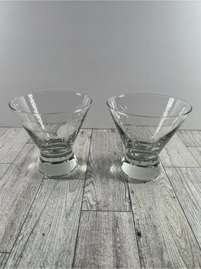 Vintage Hand Blown Clear Glass Martini Set of 2 Stemless Cocktail Glasses